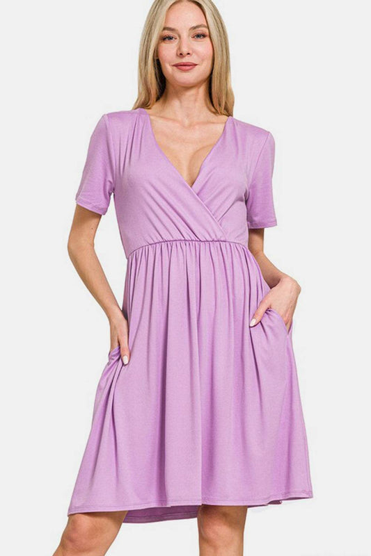 Zenana Surplice Short Sleeve Brushed DTY Dress - Rosa Apparel