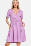 Zenana Surplice Short Sleeve Brushed DTY Dress - Rosa Apparel