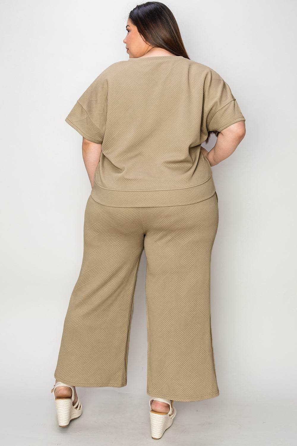 Double Take Full Size Texture Short Sleeve Top and Pants Set - Rosa Apparel