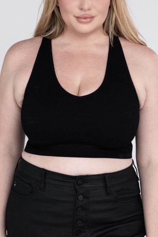 Zenana Plus Ribbed Cropped Racerback V-Neck Tank Top - Rosa Apparel