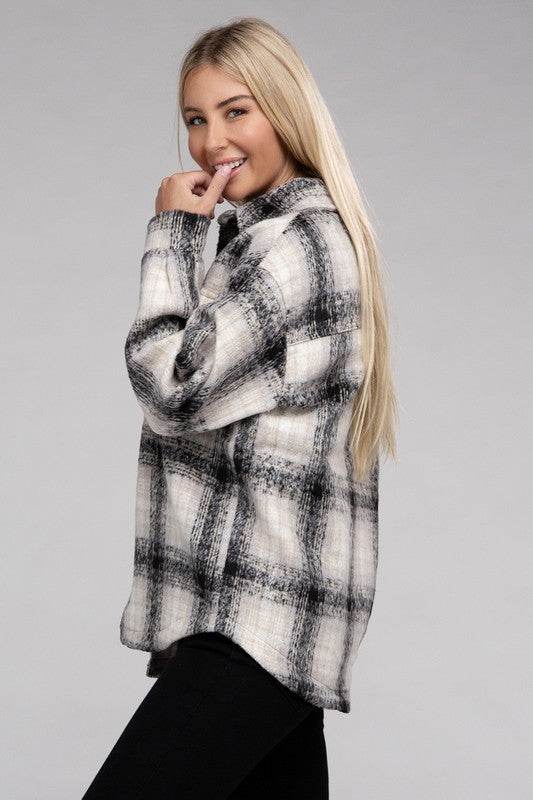 Ambiance Cozy Plaid Flannel Regular Fit Collar Shacket - Rosa Apparel