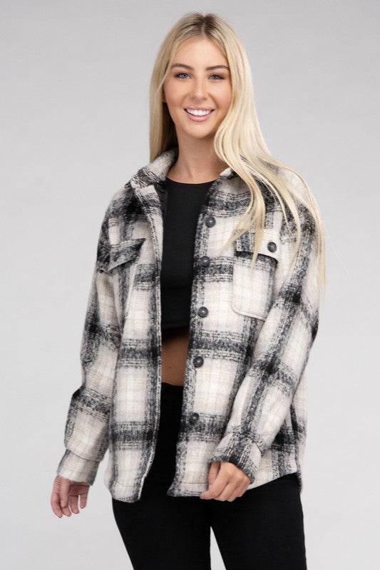Ambiance Cozy Plaid Flannel Regular Fit Collar Shacket - Rosa Apparel