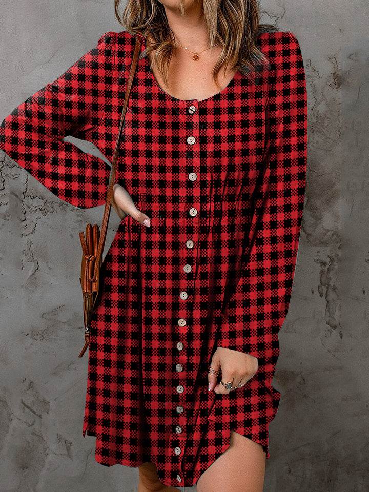 Double Take Full Size Plaid Round Neck Long Sleeve Magic Dress - Rosa Apparel