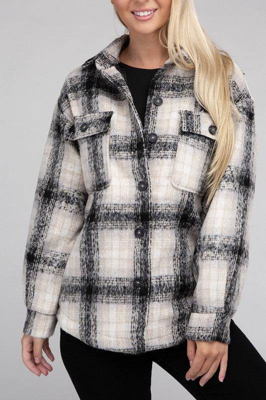 Ambiance Cozy Plaid Flannel Regular Fit Collar Shacket - Rosa Apparel