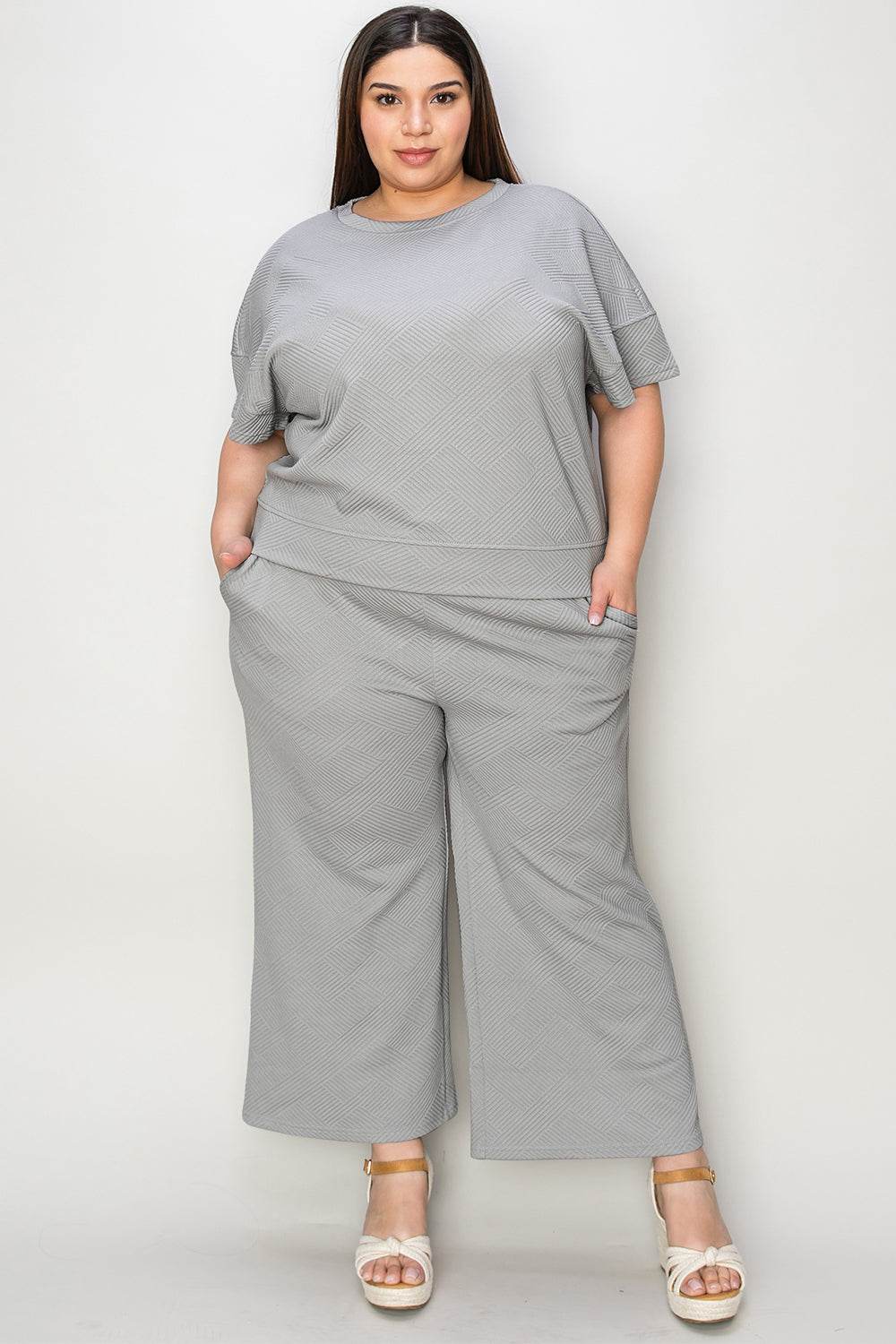 Double Take Full Size Texture Short Sleeve Top and Pants Set - Rosa Apparel