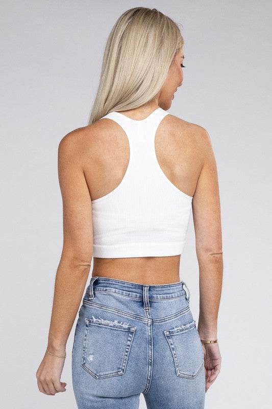 Zenana Sporty Ribbed Cropped Racerback V-Neck Sleeveless Tank Top - Rosa Apparel