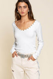 POL Studded Ribbed V-Neck Long Sleeves Top - Rosa Apparel
