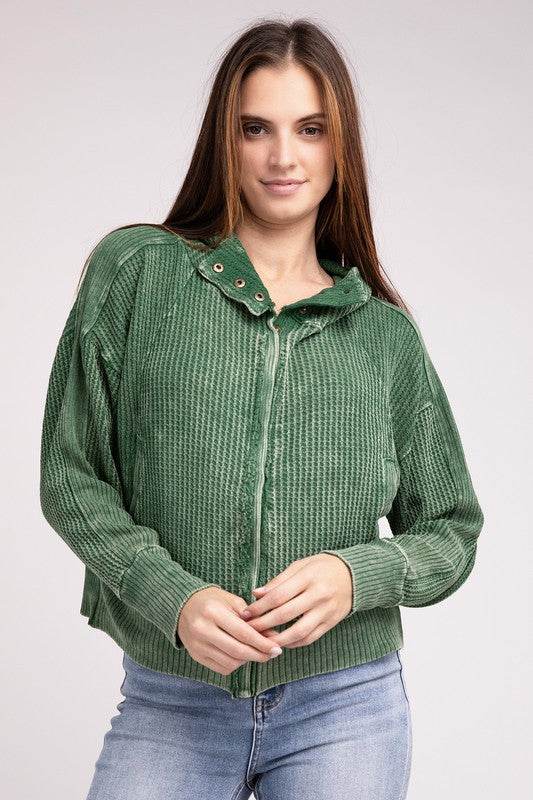 Zenana Acid Wash Cotton Waffle Hooded Zip-Up Jacket - Rosa Apparel
