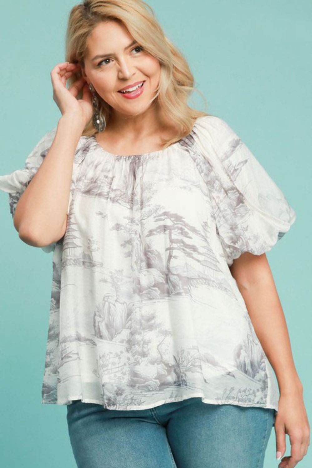 Umgee Full Size Two Tone Toile Print Top Plus Size - Rosa Apparel