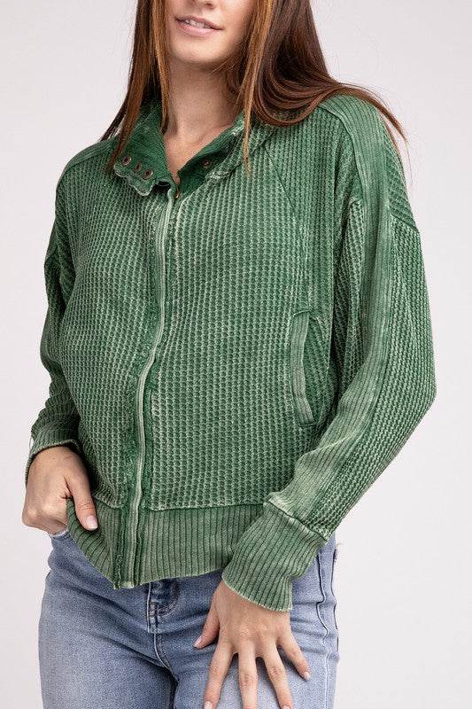 Zenana Acid Wash Cotton Waffle Hooded Zip-Up Jacket - Rosa Apparel