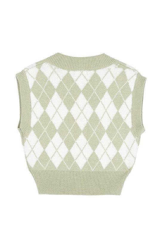 Lilou Knitted Argyle V-Neck Sleeveless Stretch Sweater Vest - Rosa Apparel