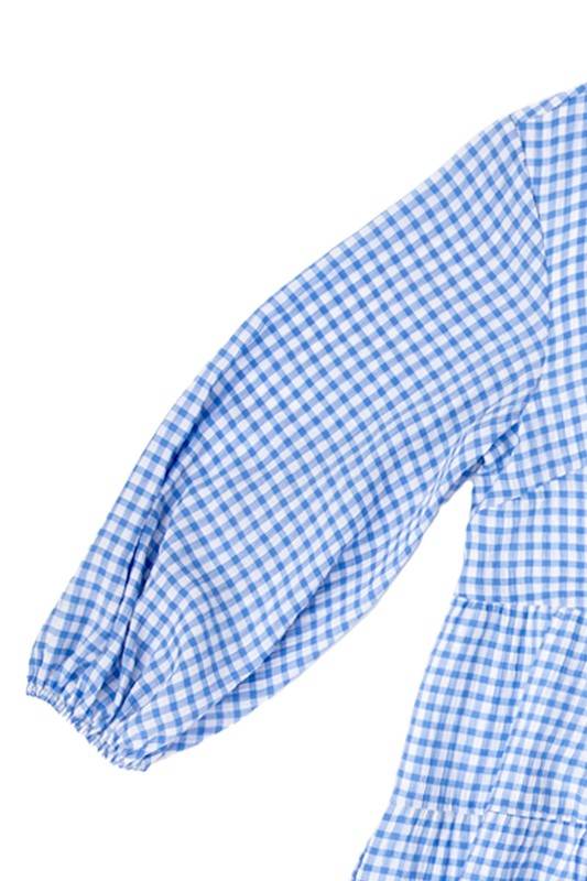 Lilou Gingham Checked Tiered Puff 3/4 Sleeves V-Neck Mini Dress - Rosa Apparel