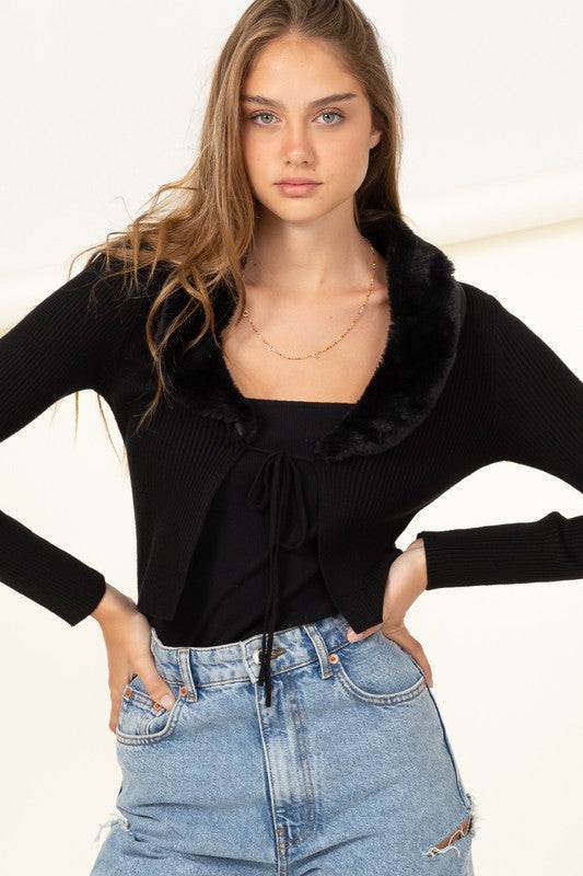 HYFVE Miss Mesmerize Fur Trim Tie Front Ribbed Cardigan - Rosa Apparel