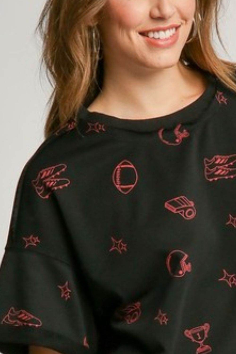 Umgee Full Size Game Day French Terry Graphic Top Plus Size - Rosa Apparel