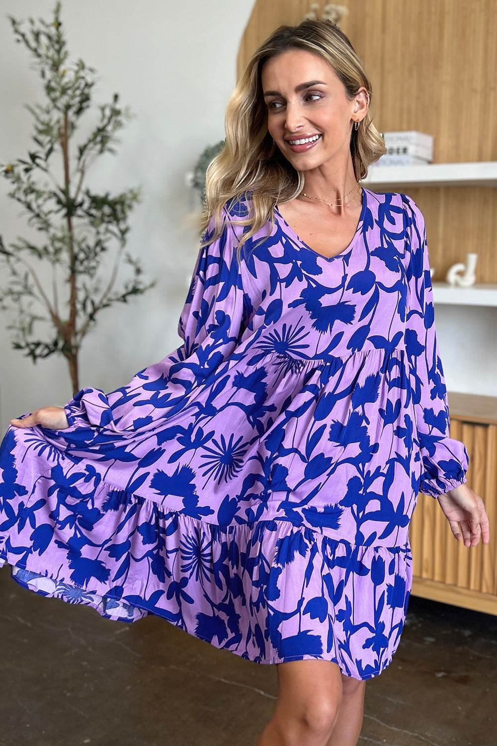 Double Take Full Size Printed Ruffle Hem Long Sleeve Midi Dress - Rosa Apparel