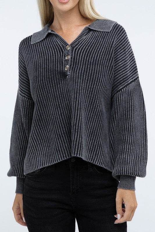 Zenana Washed Collared Henley Hip Length Sweater - Rosa Apparel