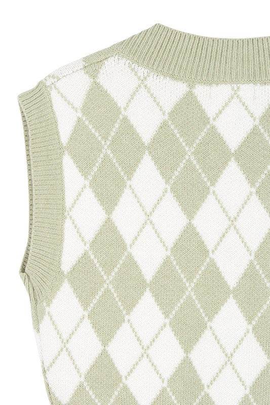 Lilou Knitted Argyle V-Neck Sleeveless Stretch Sweater Vest - Rosa Apparel