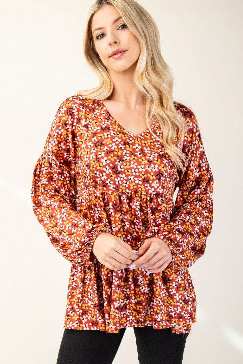 Celeste Full Size Floral V-Neck Balloon Sleeve Blouse - Rosa Apparel