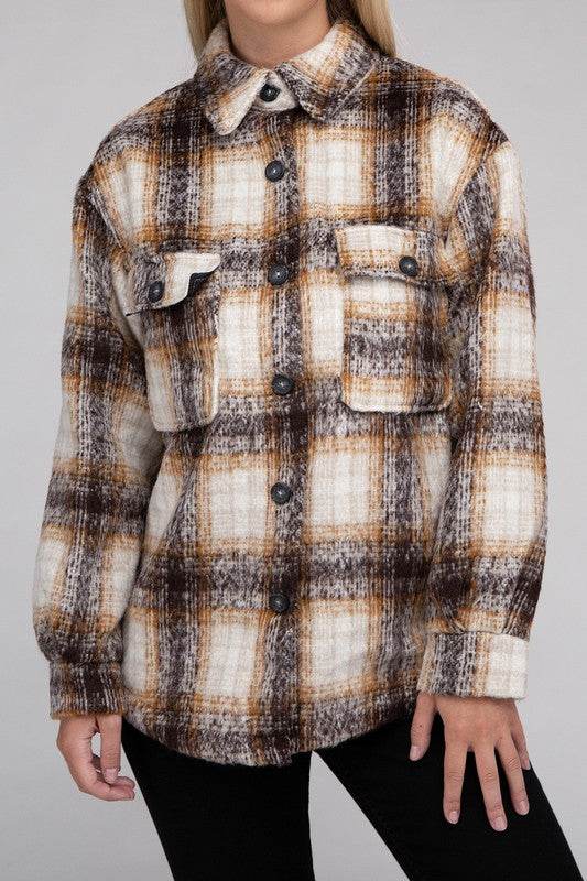 Ambiance Cozy Plaid Flannel Regular Fit Collar Shacket - Rosa Apparel