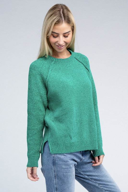 Zenana Raglan Chenille Round Neck Long Sleeves Sweater - Rosa Apparel