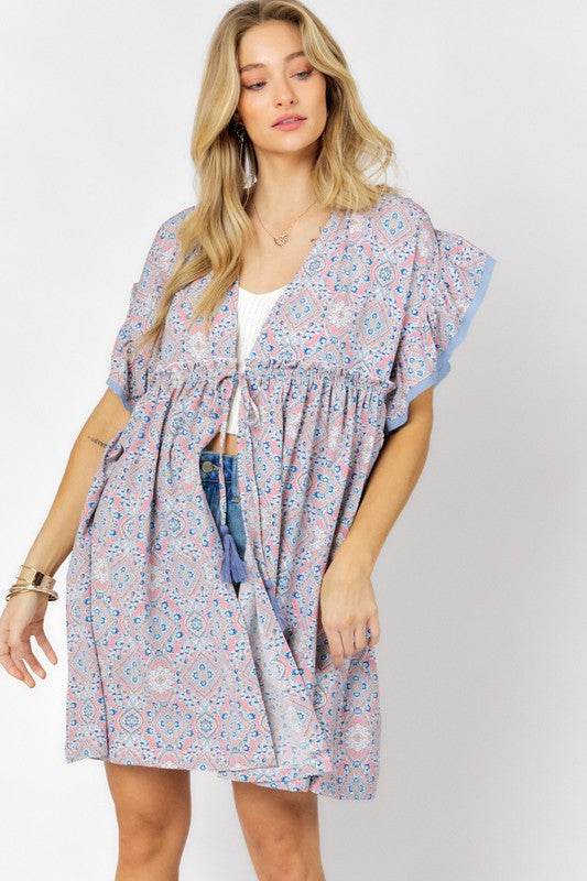 Davi & Dani Printed Short Sleeve Ruffle Kimono - Rosa Apparel