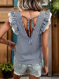 Miss Sparkling Striped Lace Trim Flutter Sleeve Top