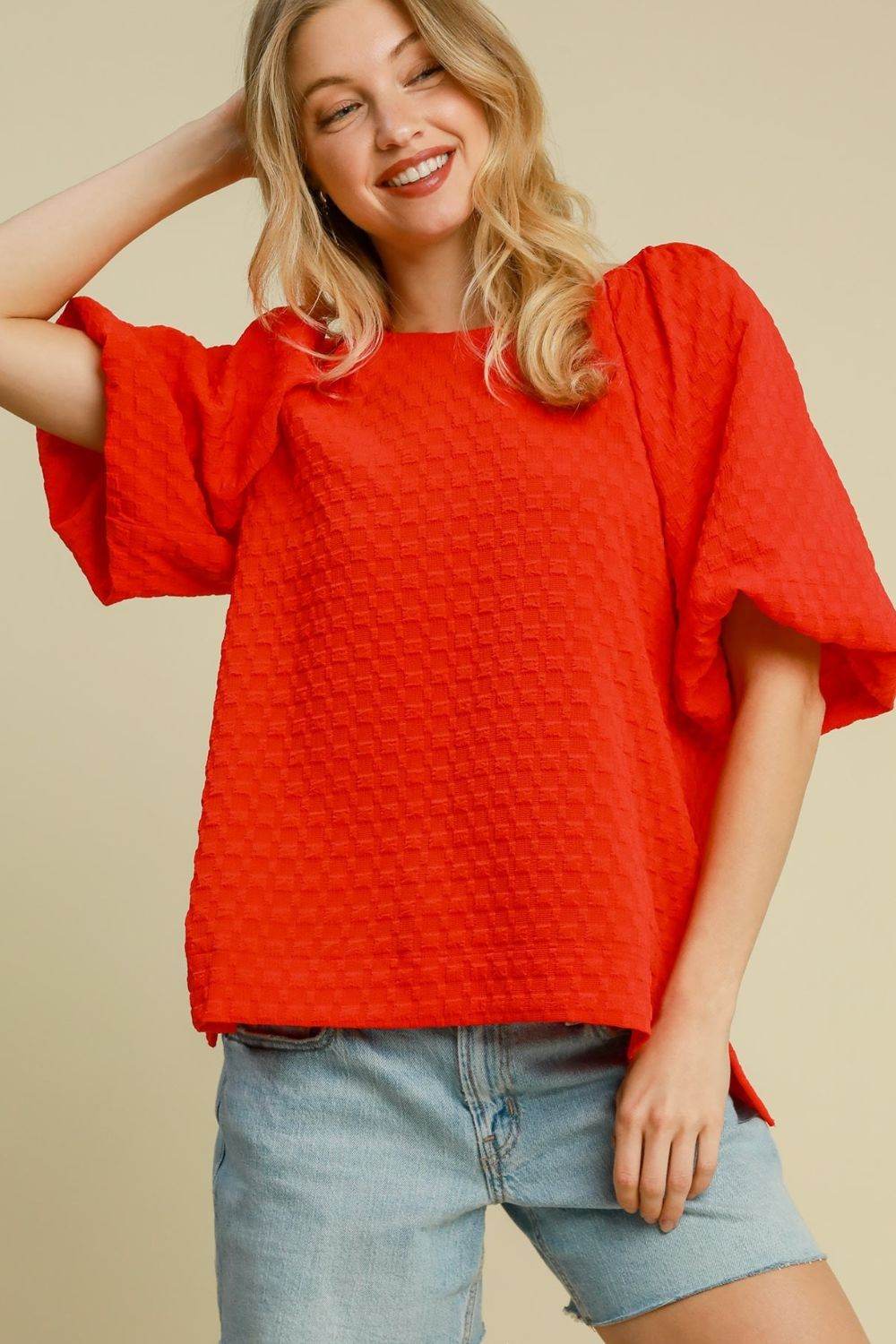 Umgee Full Size Boxy Cut Jacquard Round Neck Top with Side Slit Plus Size - Rosa Apparel