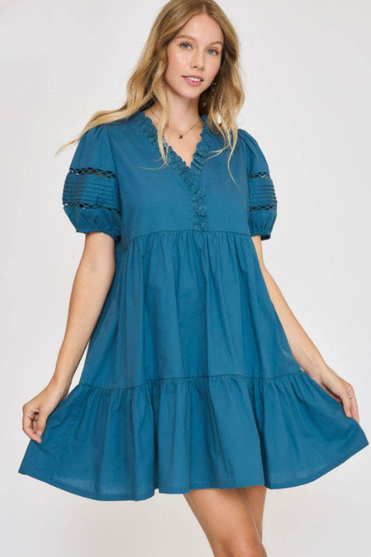 Umgee USA Full Size Lace Detail Puff Sleeve Mini Dress Plus Size - Rosa Apparel