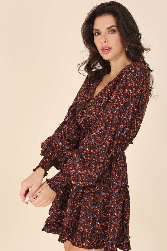 Lilou Ditsy Floral V-Neck Long Sleeves Mini Dress - Rosa Apparel