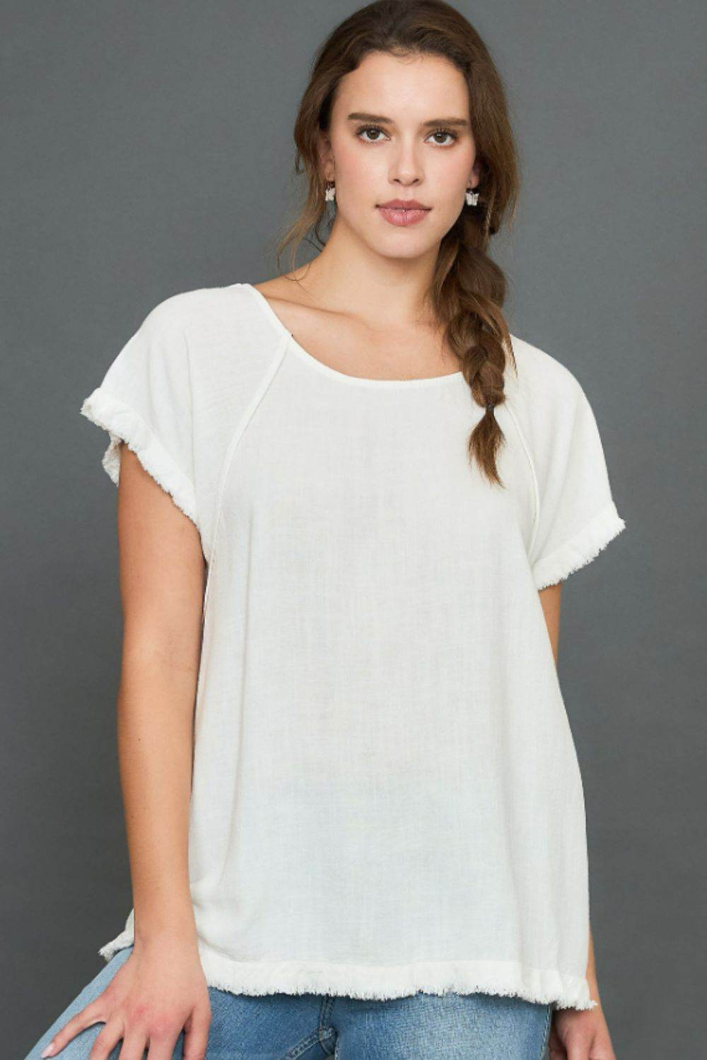 Umgee Full Size Seam Detail Linen Ruffle Fringe Edge Top Plus Size - Rosa Apparel