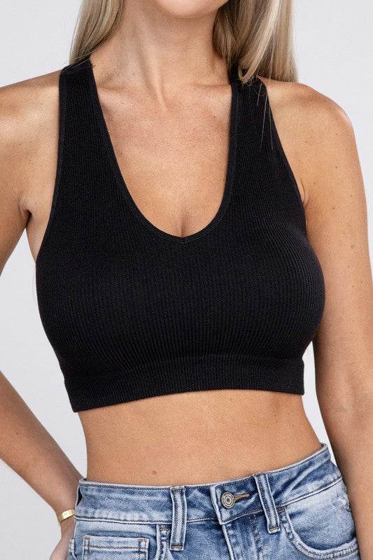 Zenana Sporty Ribbed Cropped Racerback V-Neck Sleeveless Tank Top - Rosa Apparel