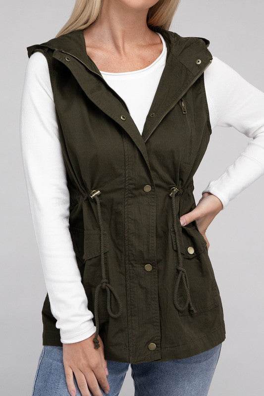Zenana Drawstring Waist Sleeveless Military Hoodie Vest - Rosa Apparel
