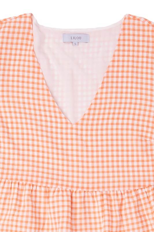 Lilou Gingham Checked Tiered Puff 3/4 Sleeves V-Neck Mini Dress - Rosa Apparel