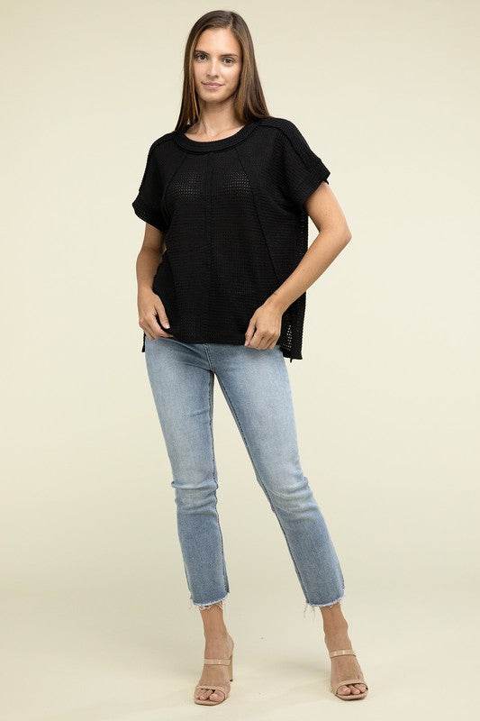 Zenana Brushed Waffle Exposed-Seam Short Sleeve Top - Rosa Apparel