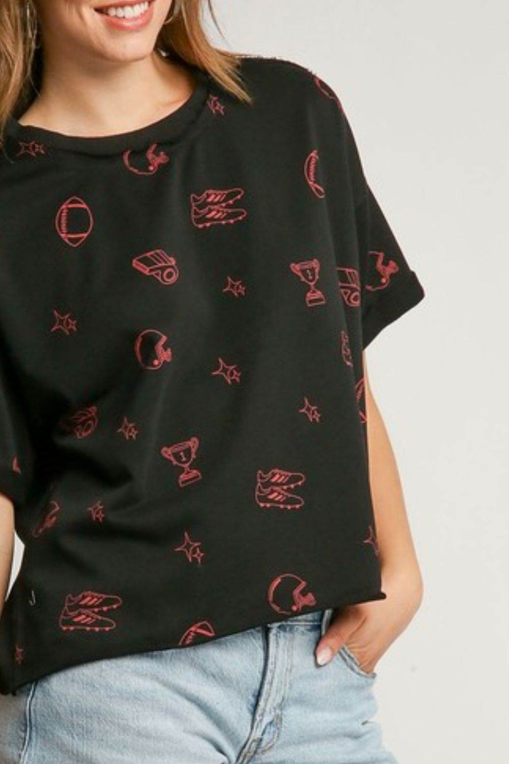 Umgee Full Size Game Day French Terry Graphic Top Plus Size - Rosa Apparel