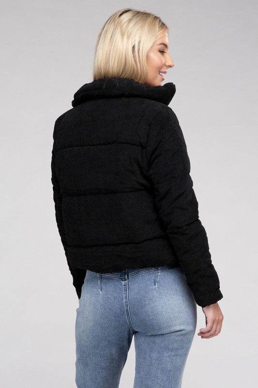 Ambiance Cozy Corduroy Zip-Up High Collar Jacket - Rosa Apparel