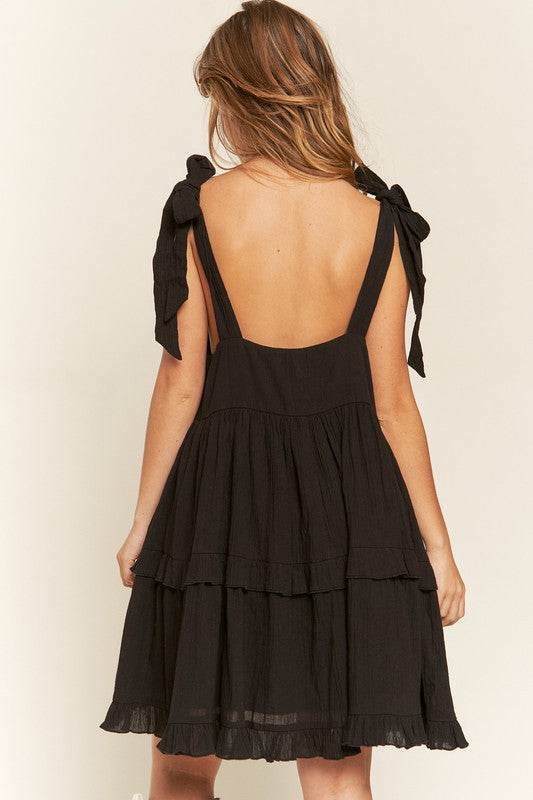 Jade By Jane Loose Square Neck Ruffle Hem Tie Straps Mini Dress - Rosa Apparel