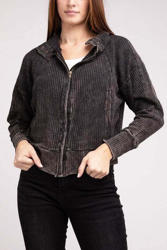 Zenana Acid Wash Cotton Waffle Hooded Zip-Up Jacket - Rosa Apparel