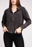 Zenana Acid Wash Cotton Waffle Hooded Zip-Up Jacket - Rosa Apparel