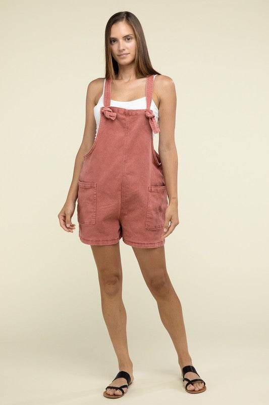 Zenana Casual Washed Knot Relaxed Strap Romper With Pockets - Rosa Apparel