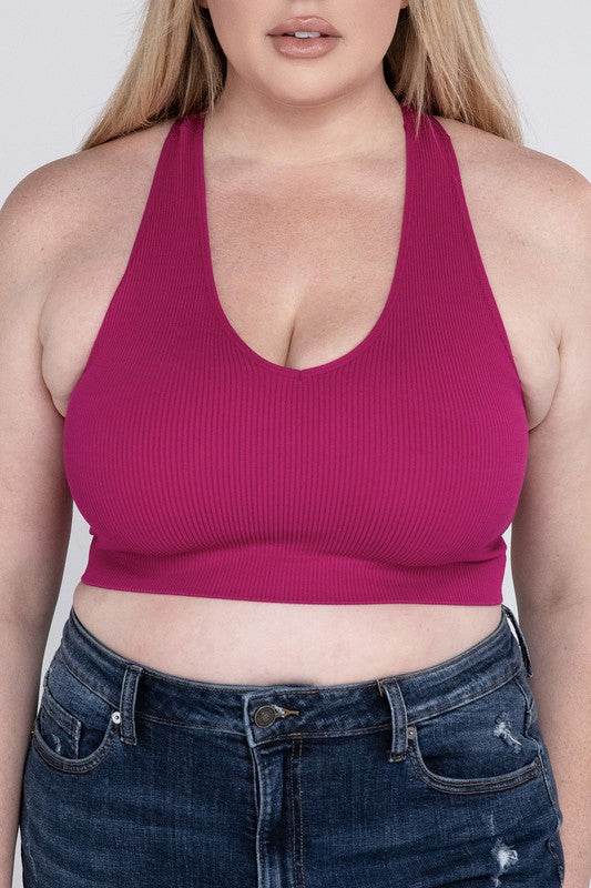 Zenana Plus Ribbed Cropped Racerback V-Neck Tank Top - Rosa Apparel