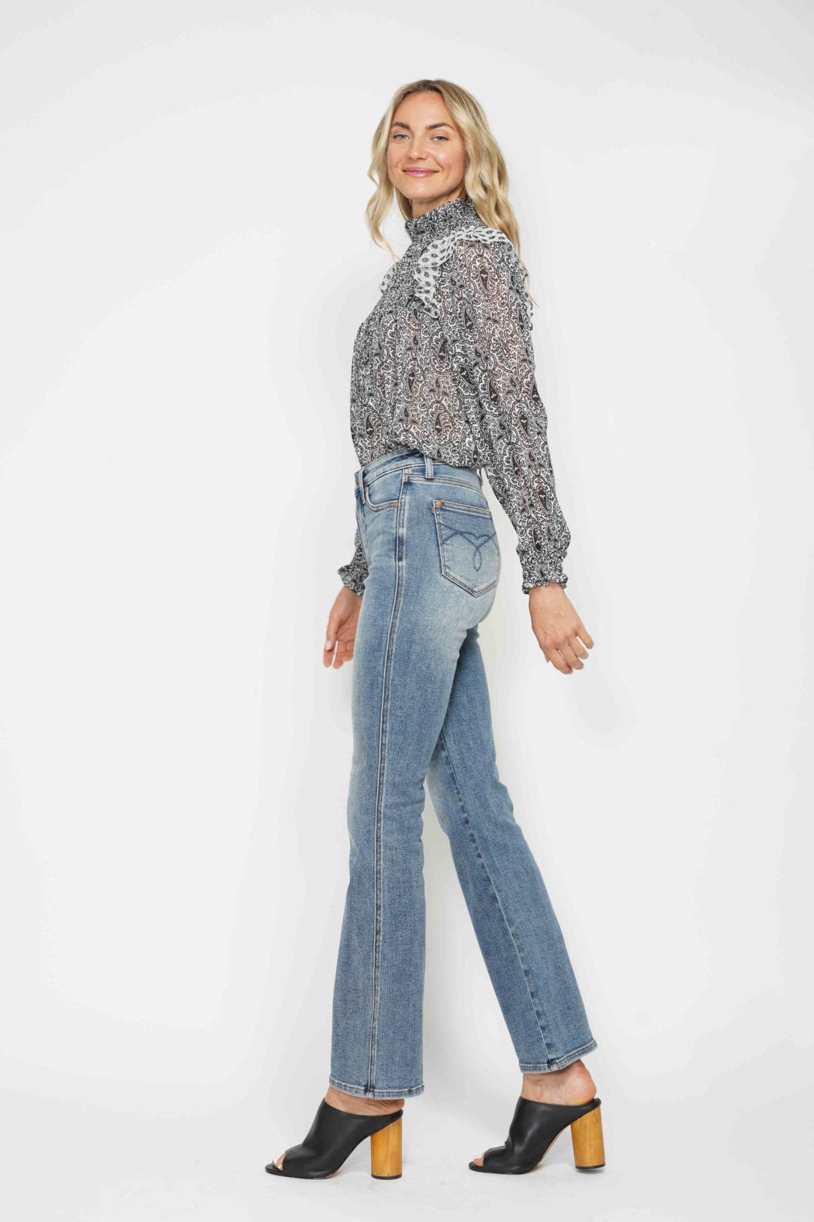 Judy Blue Full Size Tummy Control Back Embroidered Pocketed Bootcut Jeans Plus Size - Rosa Apparel