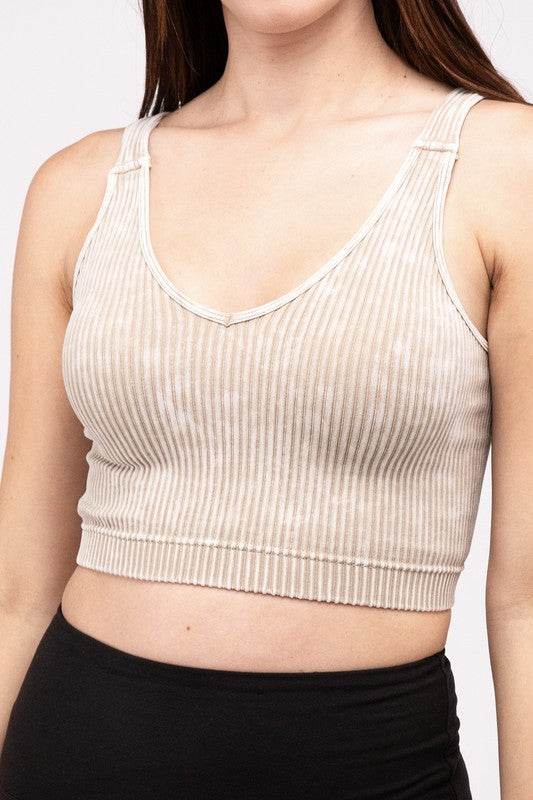 Zenana Casual Washed Ribbed Cropped V-Neck Sleevless Tank Top - Rosa Apparel
