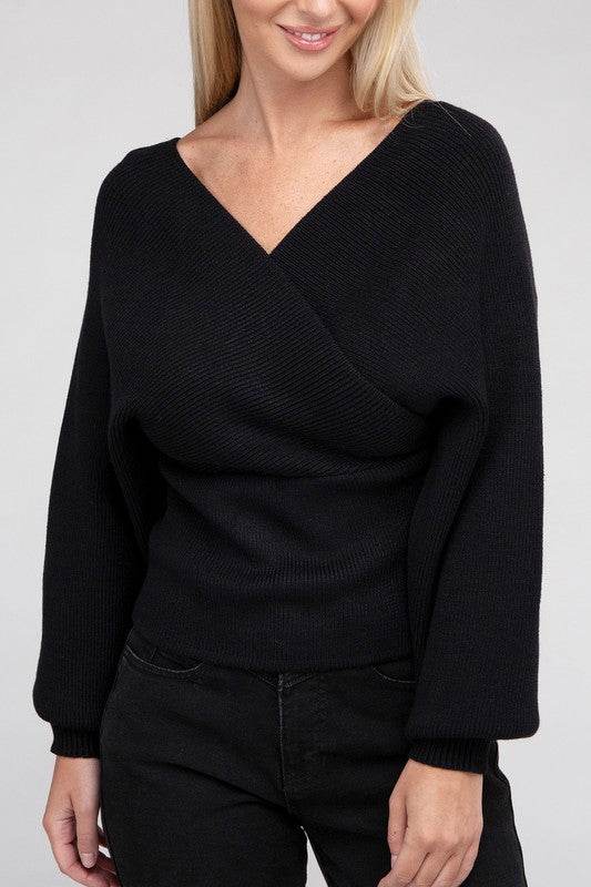Zenana Viscose Cross Wrap V-Neck Pullover Sweater - Rosa Apparel