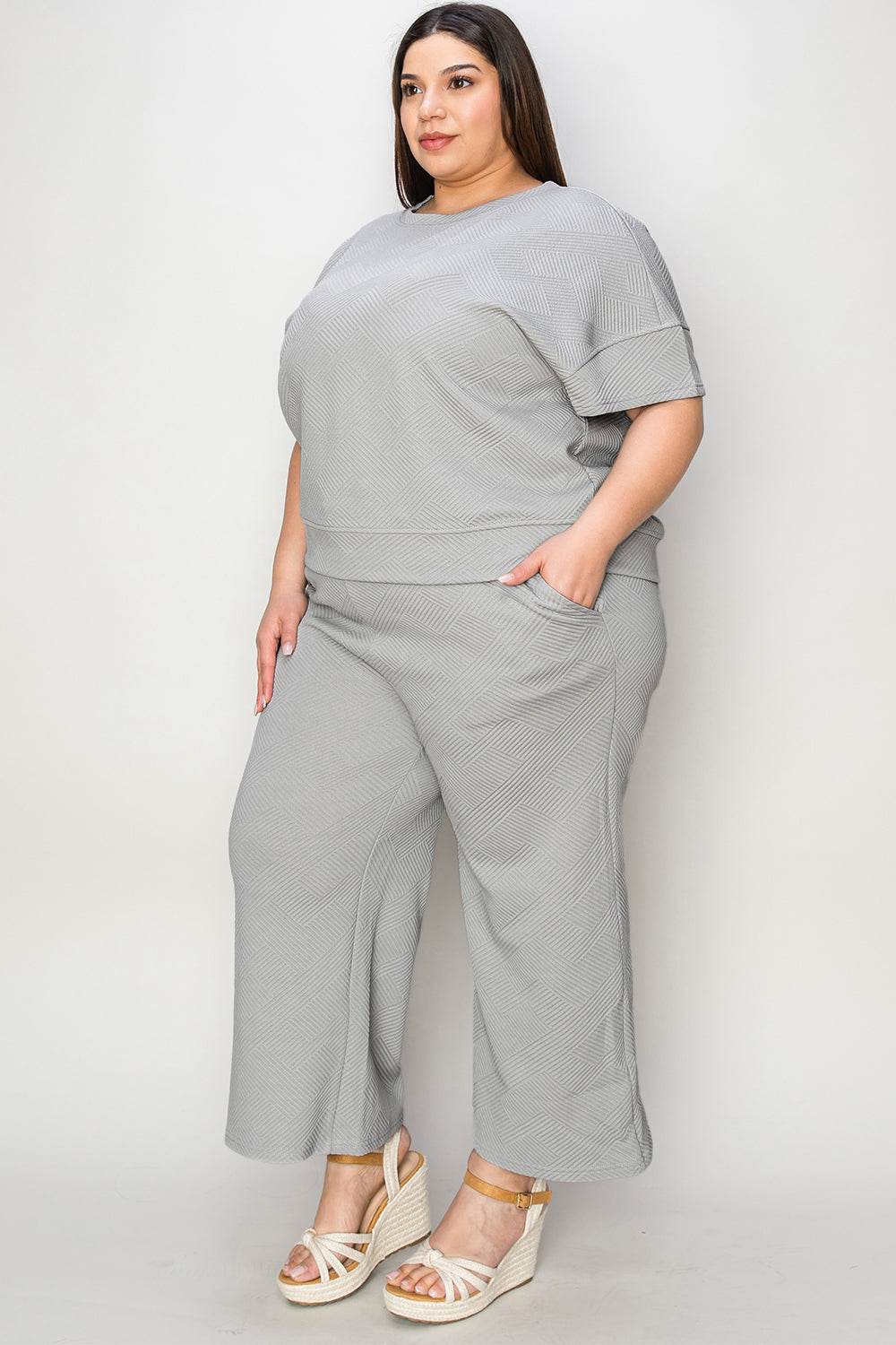 Double Take Full Size Texture Short Sleeve Top and Pants Set - Rosa Apparel