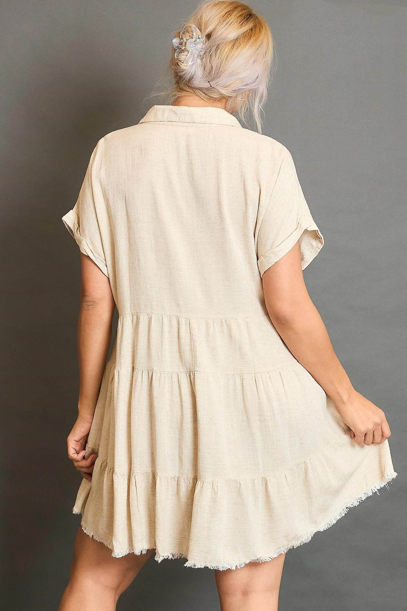 Umgee Full Size Raw Hem Folded Sleeve Tiered Dress Plus Size - Rosa Apparel