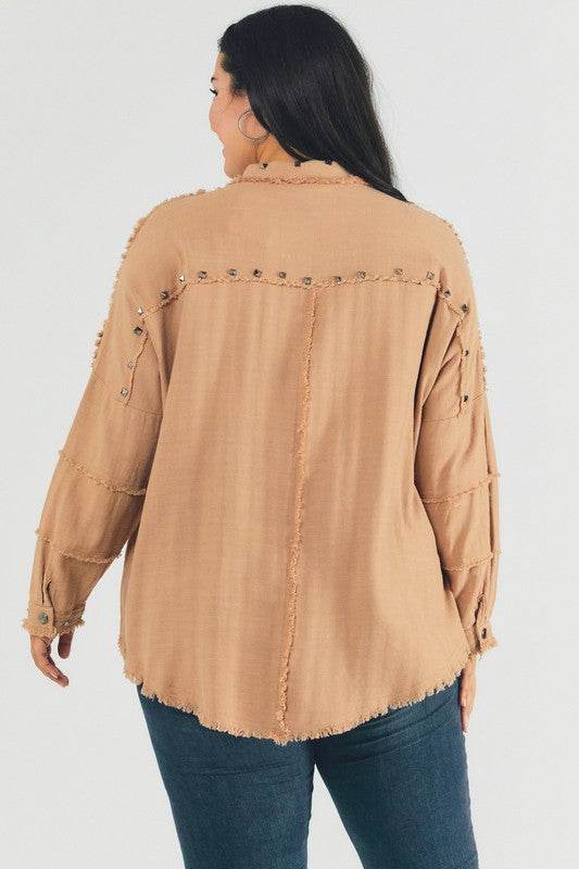 Davi & Dani Plus Distressed Hem Button Down Oversize Shirt - Rosa Apparel