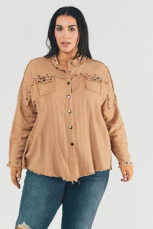 Davi & Dani Plus Distressed Hem Button Down Oversize Shirt - Rosa Apparel