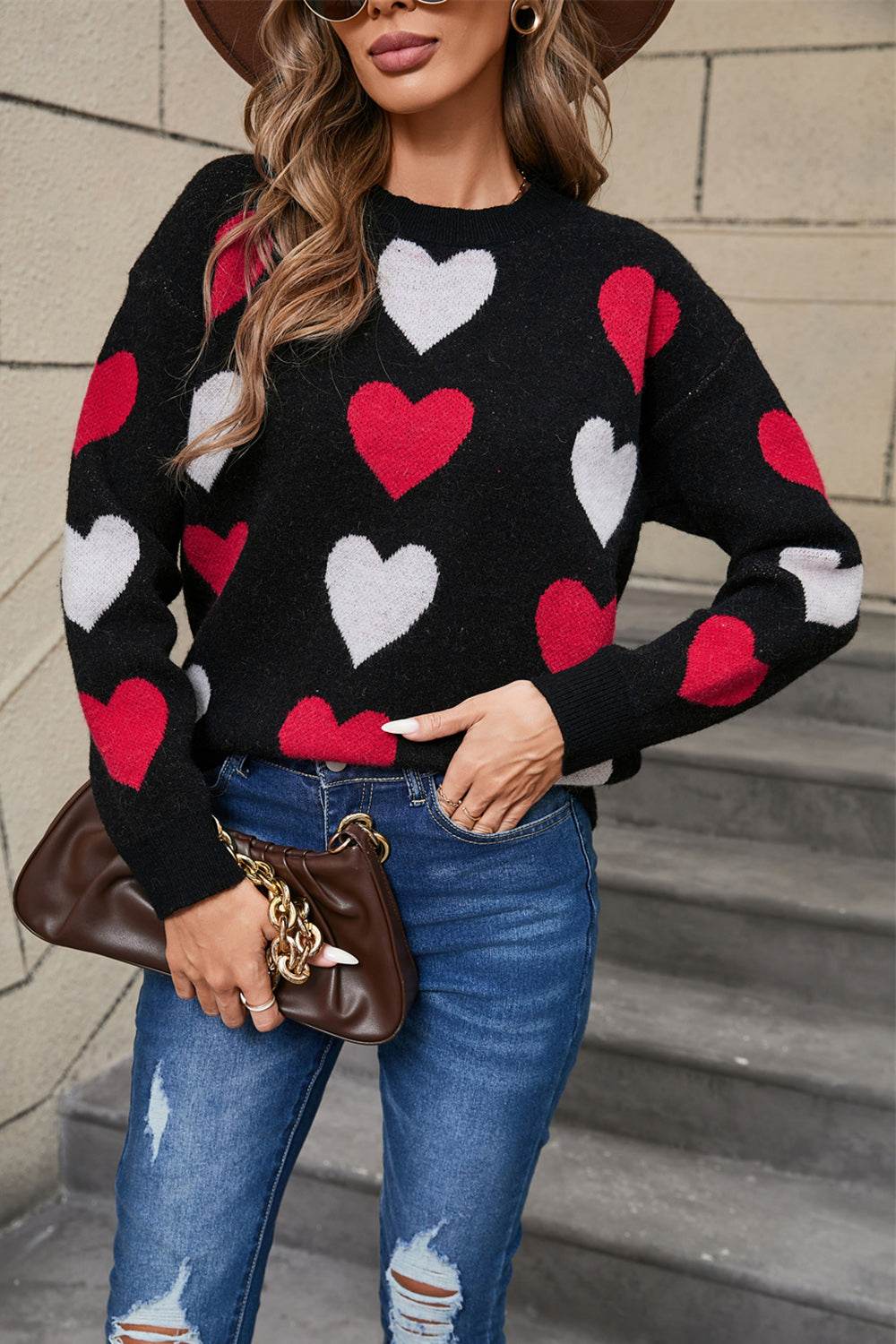 Angel Wings Heart Round Neck Long Sleeve Sweater - Rosa Apparel