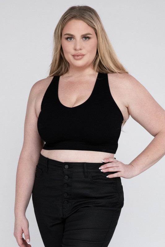 Zenana Plus Ribbed Cropped Racerback V-Neck Tank Top - Rosa Apparel